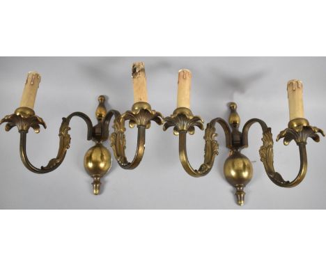 A Pair of Brass Two Branch Wall Light Fittings with Flower Petal Sconces, 26cm high 
