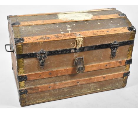 A Vintage Dome Topped Iron Mounted Travelling Trunk with Metal Carrying Handles, 72cm wide 
