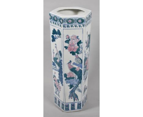 A Late 20th Century Oriental Ceramic Stick Stand Decorated with Birds and Flowers in Green, Blue and Pink Enamels, 63cm high 