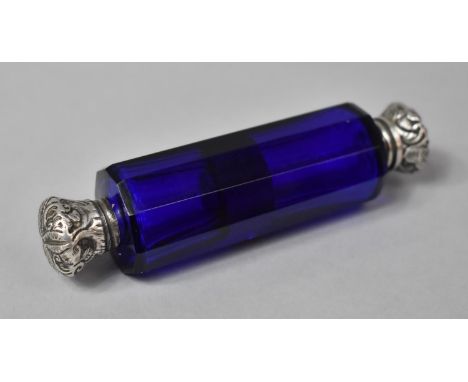 A Double Ended Silver Ended Cobalt Blue Glass Scent Flask with Inner Stopper, 10cm long 