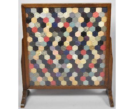 A Mid 20th Century Oak Framed Firescreen with Patchwork Quilt Centre, 52cm wide 