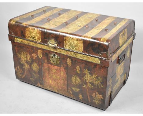 An Early 20th Century Scumble Glazed Metal Travelling Trunk with Applied Decoupage Decoration, 64cm Wide 