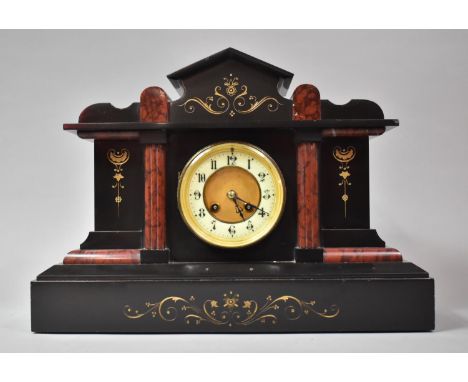 A Late 19th/Early 20th Century French Slate and Marble Mantle Clock with Engraved Gilt Decoration, of Architectural Form, 42c