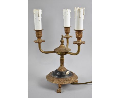 A Gilt Metal Three Branch Vintage Table Lamp, with Relief Decoration and with Three Claw Feet, 26cm high 