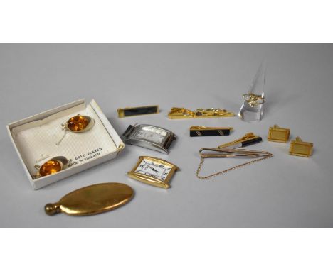 A Collection of Gents Enamelled and Gilt Metal Tie Pins, Wrist Watch Movements, Small Flask etc 