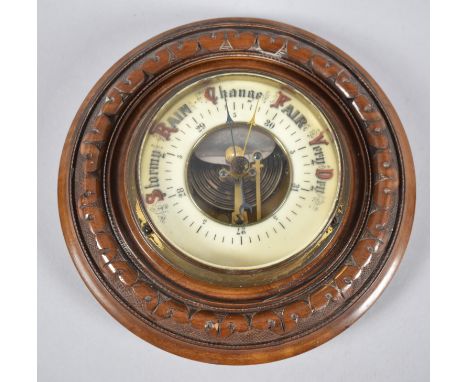 An Edwardian Oak Framed Circular Wall Hanging Aneroid Barometer, 18cm Diameter 