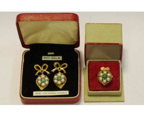 A pair of 9ct gold, pearl and turquoise earrings with a matching ring (17.2g total)