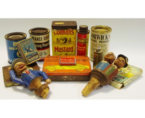 Boxes and objects - two German carved wood articulated bottle stoppers; vintage tins; Player's Navy Cut cigarette packet; mat