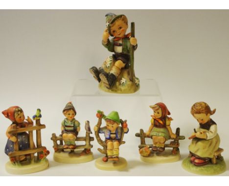 Six Goebel Hummel Figures Mountaineer; Wayside Harmony; Busy Student (af); Signs of spring (af);  Apple Tree Boy (af); Girl o