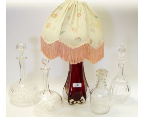 Glass - a Murano style ruby and clear glass table lamp; Victorian cut glass decanter; others (5)