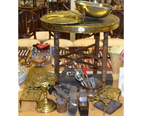Metalware - George III highly polished brass trivet, another 19th century; Salter scales; tools; etc, qty