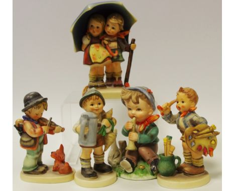 Four Goebel Hummel figures - Stormy Wether; For Father; Puppy Love (af); The Artist (af); a continental figure of a boy with 