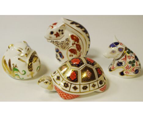 A Royal Crown Derby paperweight, hamster, first quality, gold stopper; pig, tortoise and squirrel (4)