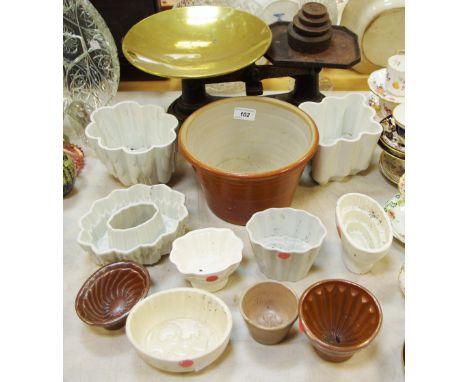 Kitchenalia - a Victorian cream ware jelly mould; others, including salt glazed; a set of counter balance kitchen weighing sc