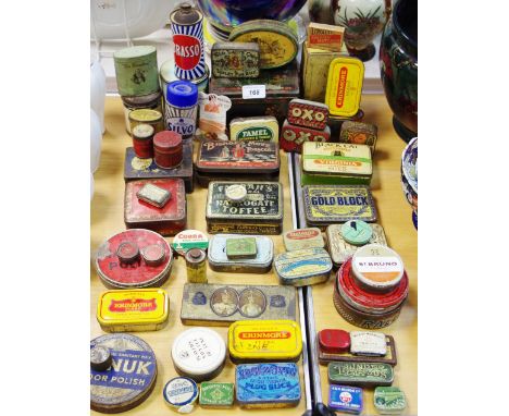 Boxes and objects - vintage tins including Senior Service; Lovell's Toffee Rex; Kensitas; Mansion Polish; Meloids, etc (qty)