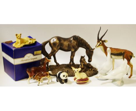 A Leonardo model of a Springbok; a Sherratt &amp; Simpson Lion Cub, boxed; a pair of NAO geese; a Beswick Panda; another Chih