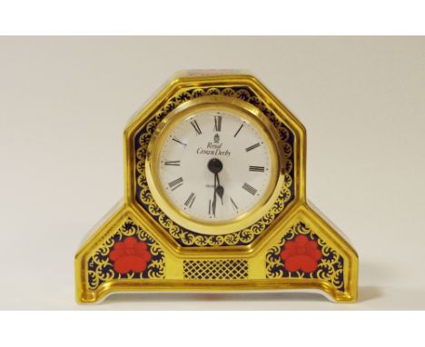 A Royal Crown Derby 1128 pattern old Imari sold gold band mantel clock, first quality, printed marks to base