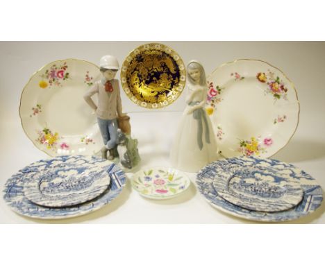 Decorative ceramics - a Nao figure group boy and his dog; a model of a young girl; Royal Crown Derby Blue Aves saucer with ar