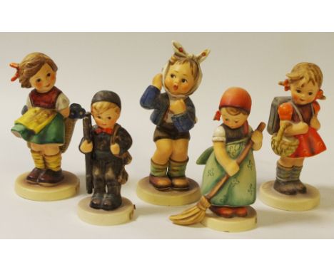 Five Goebel Hummel figures - Boy with toothache; Bashful (af); Chimney Sweep; Little Sweeper; School Girl (af)