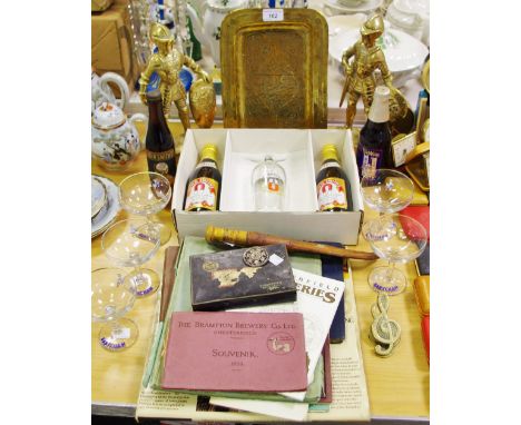 Boxes and objects - Two solid brass door stops as knights in suits of armour; a chased Indian brass tray; a white metal filig