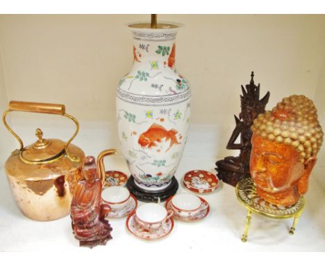 Boxes &amp; Objects - a baluster shaped Chinese table lamp decorated with goldfish,padouk wood base; Victorian copper kettle,