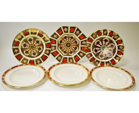 A Royal Crown Derby 1128 pattern Old Imari wavy edge cabinet plate, first quality; another octagonal; four Cloisonne pattern 