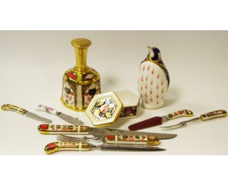 Royal Crown Derby  - an 1128 gold band bell; a paperweight penguin (1st); 1128 and 2451 knives; trinket pot; etc