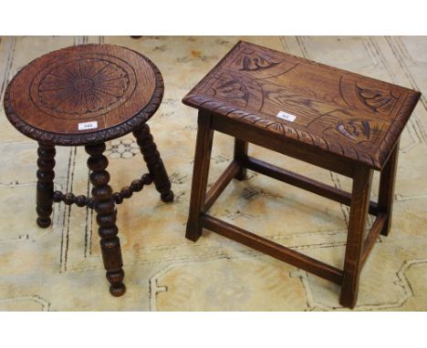 An oak occasional table, floral carved top and border, bobbin turned legs and stretchers; an oak stool carved seat (2)