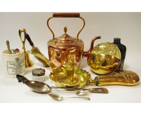 Metalware - an early 19th century highly polished brass chamber stick; a Victorian copper kettle, acorn finial;pewter and lea