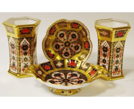 Royal Crown Derby  - a pair of 1128 gold band vases; an 1128 gold band bon bon dish; a gold band trinket dish (4)