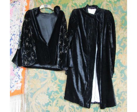 Two items of ladies' 1920's/30's clothing to include a black silk velvet coat, softly ruched at the shoulder, the collar fast