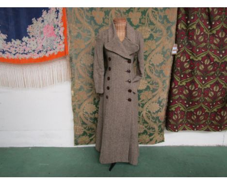 BIBA, 1970's original herringbone brown wool full length double breasted coat with exaggerated lapel collar and tailored seam