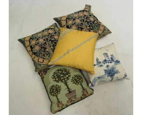 A vintage wool crochet single bed cover, black, cream, lemon, rust colourways, three tapestry cushions with a fruit tree desi