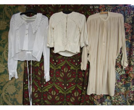 Two early 20th Century blouses in cream and ivory cotton and a French Connection beige cotton peasant style long sleeve blous