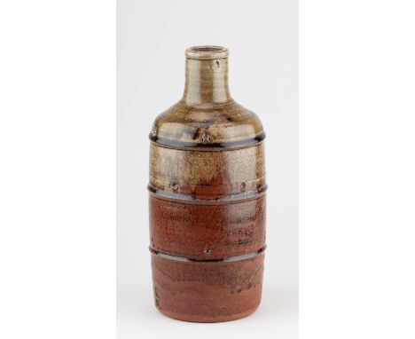 JIM MALONE (born 1946); a stoneware bottle covered in green ash and kaki glaze with banded decoration, impressed JM and L (fo