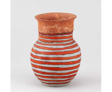 † ROBIN WELCH (1936-2019); a stoneware pot decorated with orange and white stripes, impressed RW mark, height 21cm.Provenance