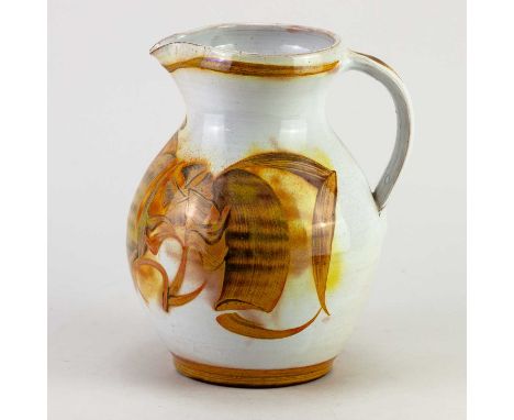 † ALAN CAIGER-SMITH (1930-2020) for Aldermaston Pottery; a tin glazed earthenware jug decorated with gold and red lustre, pai