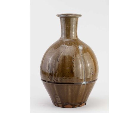 † JIM MALONE (born 1946); a large bulbous stoneware bottle covered in green ash and iron glaze with chun pours and incised de