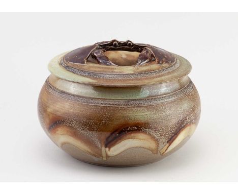 † ROWENA KINSMAN; a large salt glazed tureen with crab handle, impressed R mark, diameter 26cm. Condition Report: Appears goo