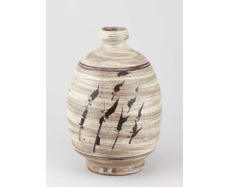 † JIM MALONE (born 1946); a stoneware bottle covered in hakeme slip with iron decoration, impressed JM and A (for Ainstable) 