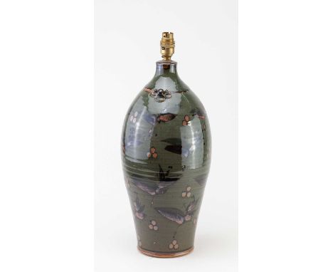 † DAVID WINKLEY (born 1939) for Vellow Pottery; a tall stoneware lamp base with lug handles covered in dark green glaze with 