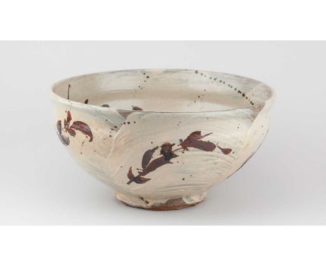 † JIM MALONE (born 1946); a large stoneware bowl covered in brushed slip with iron and copper green decoration, impressed JM 