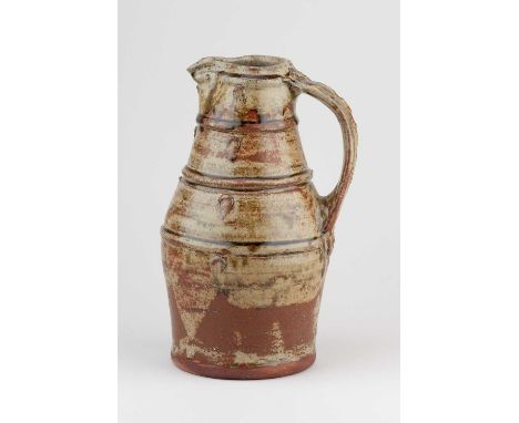 JIM MALONE (born 1946); a stoneware jug covered green ash and kaki glaze with banded decoration, impressed JM and L (for Less