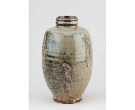 JIM MALONE (born 1946); a stoneware bottle covered in nuka glaze over iron with combed decoration, impressed JM and L (for Le