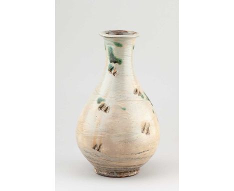 JIM MALONE (born 1946); a stoneware Korean bottle covered in hakeme slip with incised decoration and copper green spots, impr