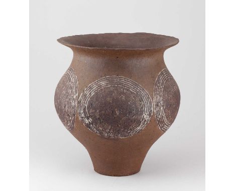 † PETER STOODLEY (1920-2005); a large bulbous stoneware vessel with inlaid concentric ring decoration, height 30.5cm.Provenan