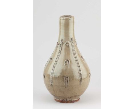 JIM MALONE (born 1946); a stoneware Korean bottle covered in nuka glaze with incised decoration, impressed JM and L (for Less