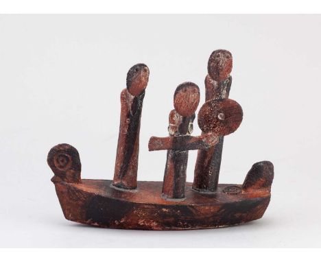 † JOHN MALTBY (1936-2020); 'Boat Family', a stoneware sculpture, impressed M mark and inscribed signature, length 19.5cm, hei