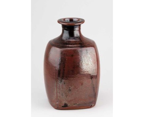 JIM MALONE (born 1946); a square stoneware bottle covered in tenmoku breaking to kaki glaze, impressed JM and L (for Lessonha