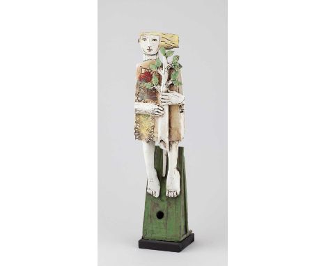 † CHRISTY KEENEY (born 1958); 'The Tree Planter', a flat earthenware sculpture covered in polychrome staining, incised signat